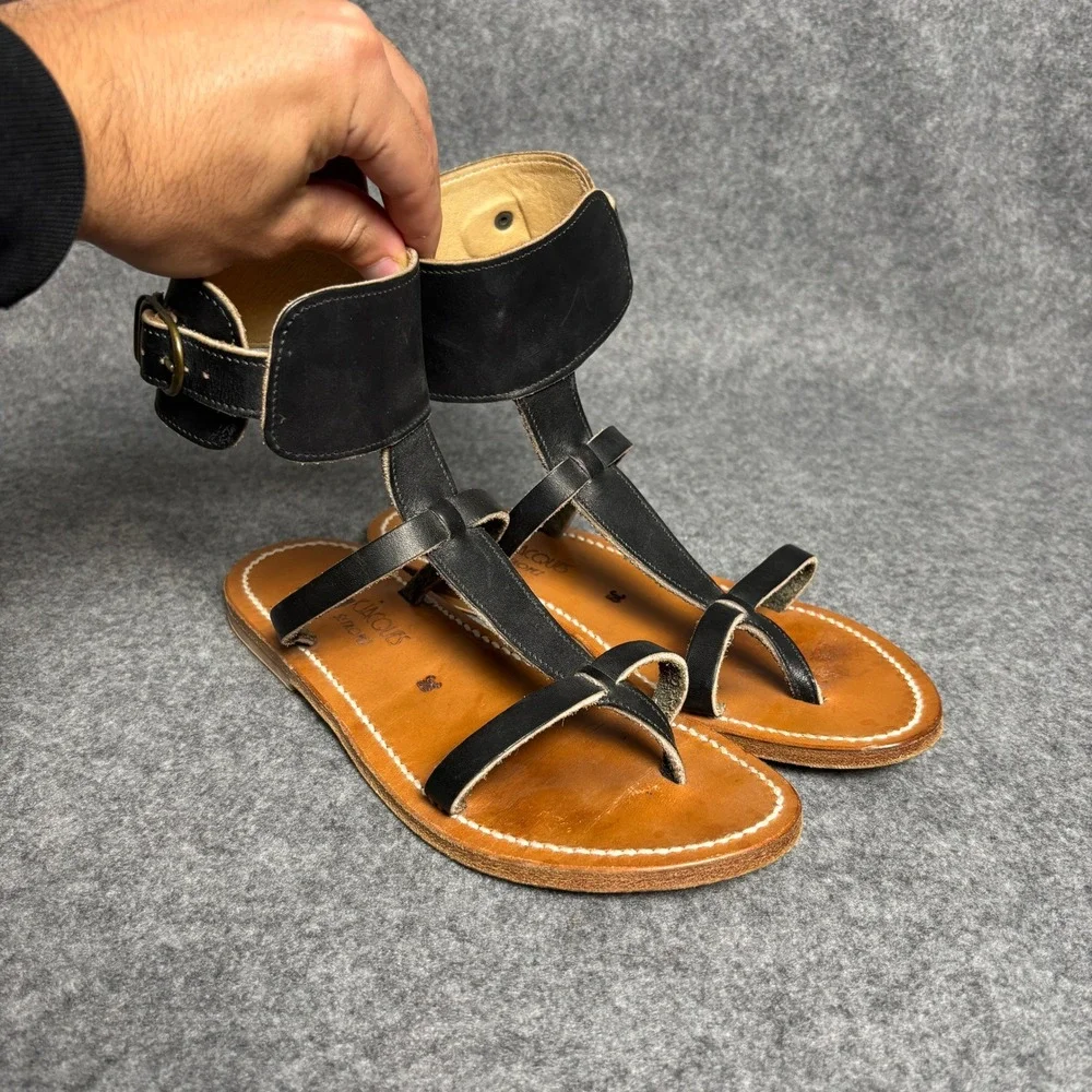 K.Jacques Setropez Black Leather Flat Gladiator Ankle Strap Sandals Womens 39